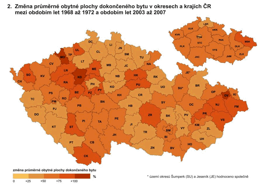 Kartogram 2. Změna průměrné obytné plochy jednoho dokončeného bytu v okresech a krajích ČR mezi obdobím let 1968 až 1972 a obdobím let 2003 až 2007